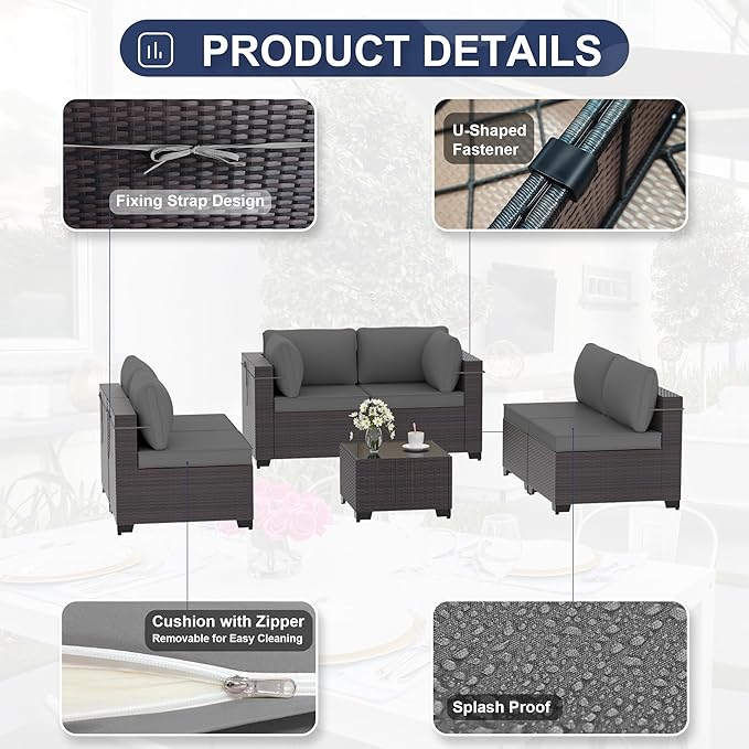 Outdoor Furniture Set 7PCS Patio Furniture for Backyard Wicker Sectional Sofa Set 6 Seats, PE Rattan Outdoor Conversation Set with Thickened Cushions and Glass Coffee Table, Grey