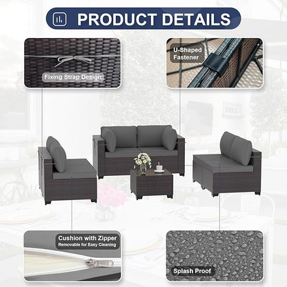 Outdoor Furniture Set 7PCS Patio Furniture for Backyard Wicker Sectional Sofa Set 6 Seats, PE Rattan Outdoor Conversation Set with Thickened Cushions and Glass Coffee Table, Grey