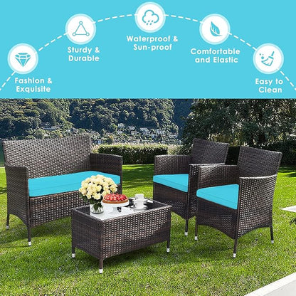 Goplus 4-Piece Rattan Patio Set, Outdoor/Indoor Wicker Conversation Set for Pool, Backyard, Lawn, Wicker Chairs and Sofa with Soft Cushion, Rattan Furniture with Tempered Glass Coffee Table
