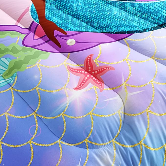 Datura home Bedding Comforter Set Black Girl Magic Mermaid Printed Pattern Quilt with 1 and 2 Pillowcases for Girls Bedroom All Season(Black Blue Queen) Queen 90x90inches