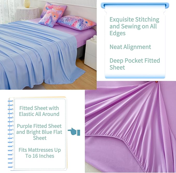 RYNGHIPY Full Bed in a Bag for Kids Teens Girls 6 Pieces, Soft Bedding for All Seasons, Cute Mermaid Tail Kids Bedding Set, Leightweight Girls Fluffy Bed Set