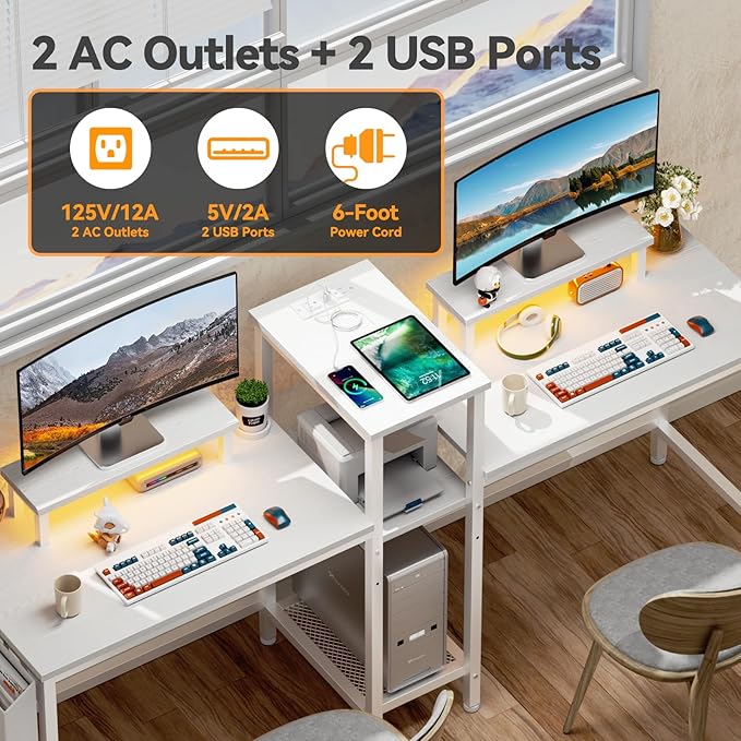 Furologee Charging Station for White 2 Penson Desk with LED Lights and Monitor Stand