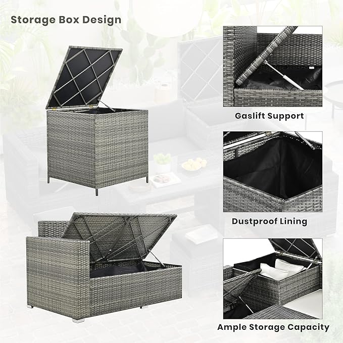 Outdoor Furniture 6-Piece Patio Sofa Set, All Weather PE Rattan Sectional Couch with Tempered Glass Dining Table, Adjustable Seat, Storage Box&Removable Covers, for Garden Backyard, 1, Beige