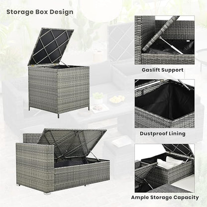 Outdoor Furniture 6-Piece Patio Sofa Set, All Weather PE Rattan Sectional Couch with Tempered Glass Dining Table, Adjustable Seat, Storage Box&Removable Covers, for Garden Backyard, 1, Beige