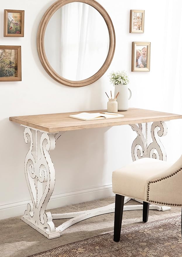 Kate and Laurel Wyldwood Farmhouse Wooden Desk, 46 x 24 x 30, Brown and White, Rustic Carved Wood Computer Desk for Functional and Stylish Home Office Decor