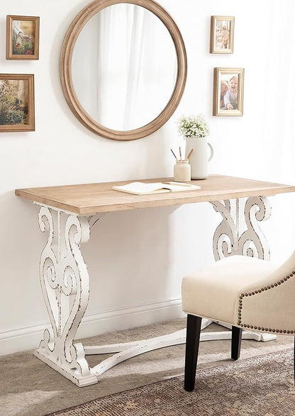 Kate and Laurel Wyldwood Farmhouse Wooden Desk, 46 x 24 x 30, Brown and White, Rustic Carved Wood Computer Desk for Functional and Stylish Home Office Decor