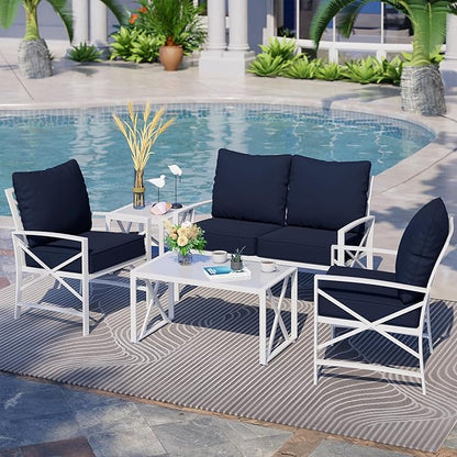Shintenchi 5 Piece Outdoor Furniture Sets, White Metal Sofa Conversation Sets with Loveseat, Two Single Chairs and Two Coffee Tables for Backyard, Patio, Balcony, Poolside (Dark Blue)