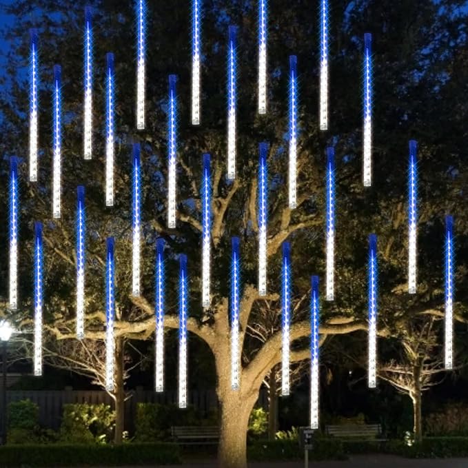 Dazzle Bright 288 LED Christmas Light, 11.8 Inch Meteor Shower Rain Lights with 8 Tubes，Waterproof Plug in Falling Rain Lights Christmas Decorations for Xmas Bushes Tree Yard Party, Blue and White