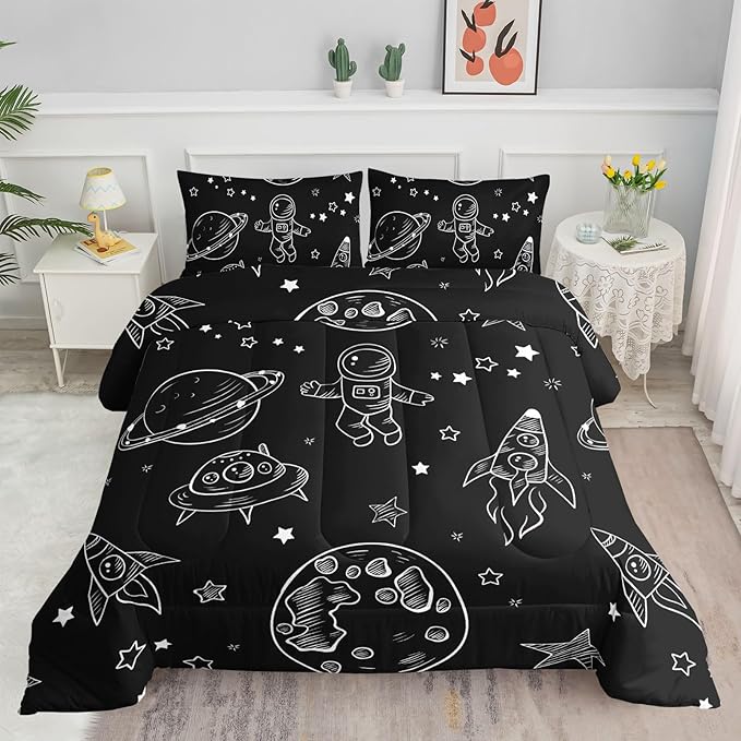 Datura home Kids Space Astronaut Comforter Set for Boys Kids Children,Galaxy Space Ship Astronaut Rocket Printed Bedding Set with 1 Comforter and 2 Pillowcases(Space Galaxy Twin), Twin 68x86inches