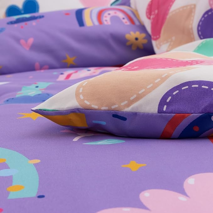 Btargot Lightweight Soft 3 Piece Rainbow Comforter Set with 2 Pillow Covers, Cartoon Love Hearts Flowers and Sun Star Bedding Set for Girls Boys Kids, Twin Dark Purple