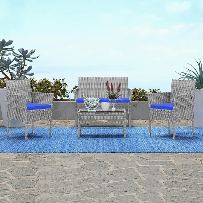 Patio Furniture, 4 Piece Conversation Set, Outdoor Wicker Rattan Table and Chairs, Sectional Sofa with Thick Cushion for Garden, Yard, or Porch, Light Grey