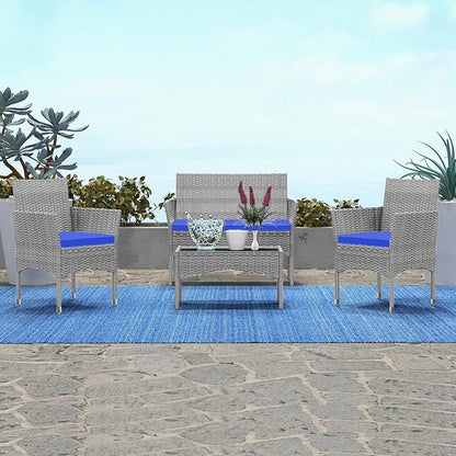 Patio Furniture, 4 Piece Conversation Set, Outdoor Wicker Rattan Table and Chairs, Sectional Sofa with Thick Cushion for Garden, Yard, or Porch, Light Grey