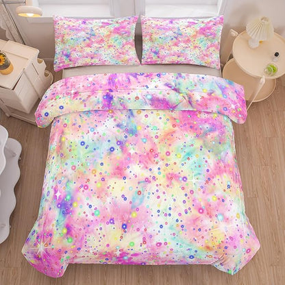 Pink Comforter Set for Girls, Bed in A Bag Twin Size, Purple Pink Tie Dye Pastel Comforter Set with Fitted Sheet and Flat Sheet
