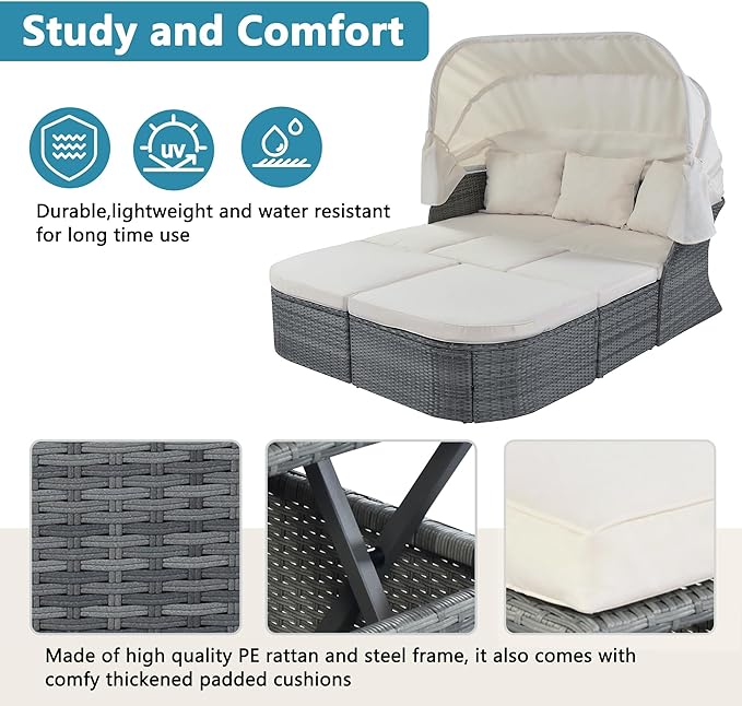 Rectangle Furniture Daybed Sunbed with Retractable Canopy, Outdoor Wicker Conversation Set with Cushions for Patio, Backyard, Porch, Garden, Hc-Beige