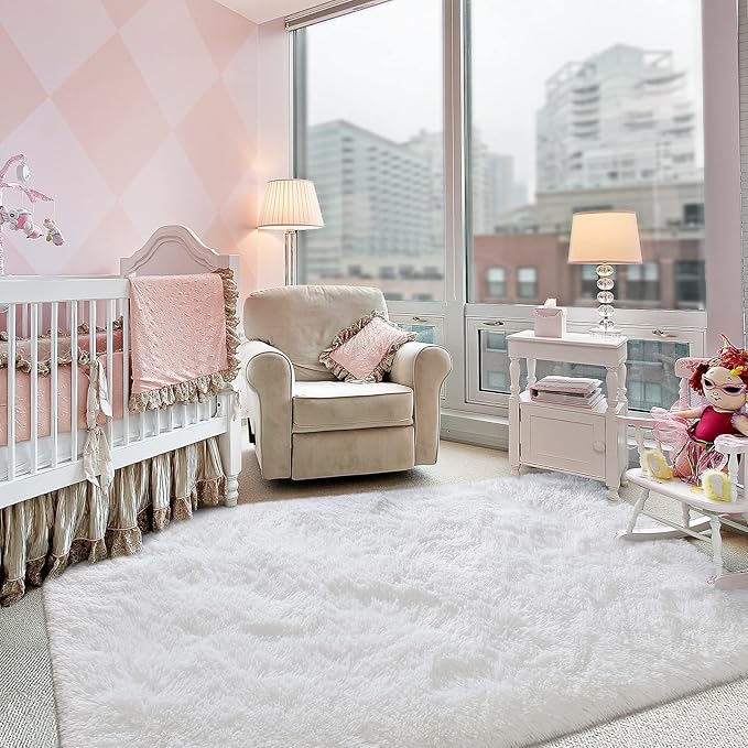 Super Soft Fluffy Shaggy Rugs 3x5 Feet for Living Room Bedroom, Fuzzy Plush Area Rugs for Girls Kids Room Nursery Home Decor, Furry Dorm Rug Cute Non-Slip Indoor Floor Carpet, Cream White