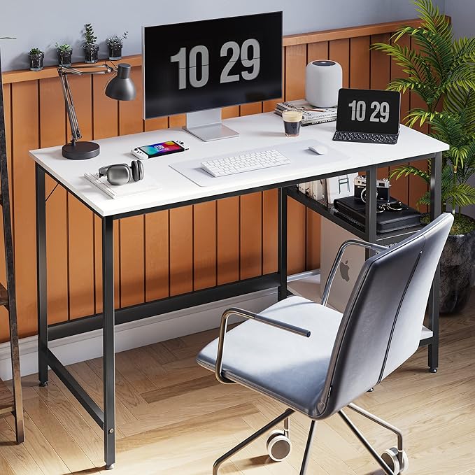 CubiCubi Computer Home Office Desk, 63 Inch Desk Study Writing Table with Storage Shelves, Modern Simple PC Desk with Splice Board,White Finish