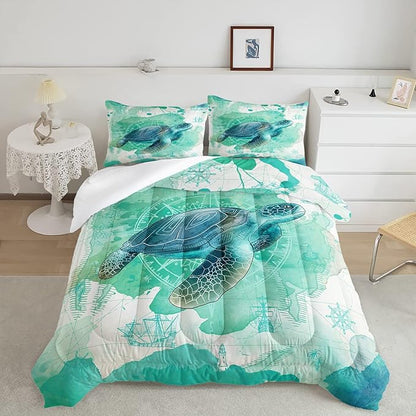 CVHOUSE Sea Turtle Bedding Set,Sea Turtle Comforter Queen,Ocean Bohemia Comforter Set for Boys Kids Girls,Ocean Quilt Set with 1 Comforter and 2 Pillow Cases