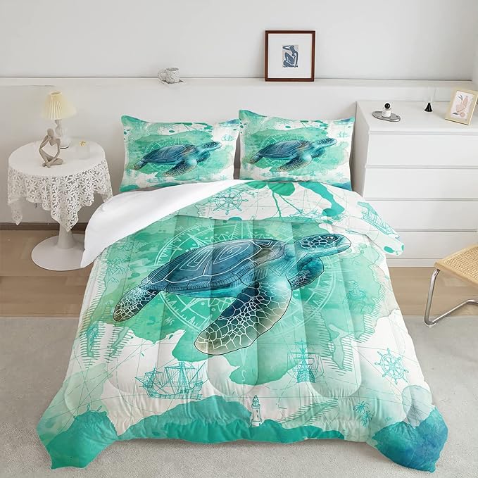 CVHOUSE Sea Turtle Bedding Set,Sea Turtle Comforter Twin,Ocean Bohemia Comforter Set for Boys Kids Girls,Ocean Quilt Set with 1 Comforter and 2 Pillow Cases