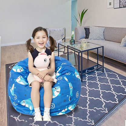 Stuffed Animal Storage Bean Bag Chair Cover, Hold Kids Plush Toys Blankets Towels Beanbag (Cover Only), Canvas Floor Circle Stuff Sit Seat Sofa with YKK Zipper, Large 32", Blue Shark