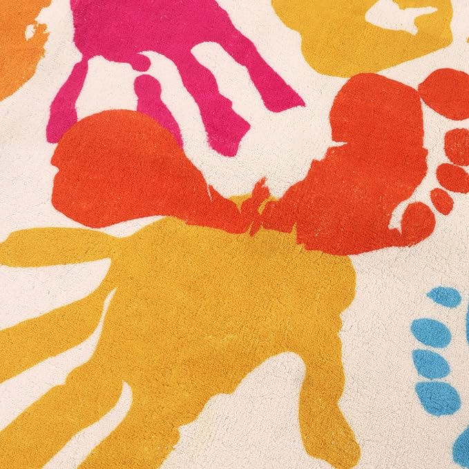 Colorful Round Rug for Kids Bedroom, 4'x4' Handprints and Footprints Circle Rug for Playroom, Rainbow Washable Rug for Nursery, Small Circular Carpet for Classroom Dorm Daycare