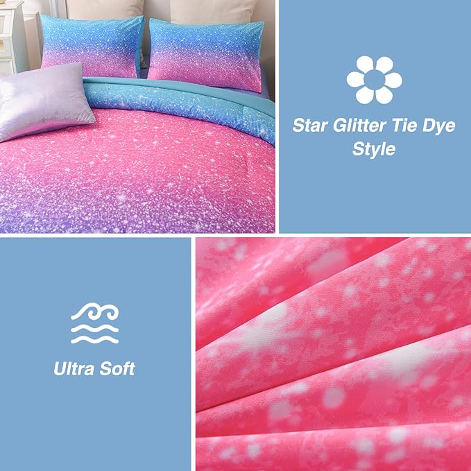 A Nice Night 6Pcs Gradient Glitter Bedding Set for Girls Queen Size, Colorful Rainbow Galaxy Comforter Set, Ultra Soft Bedding Sets, Blue