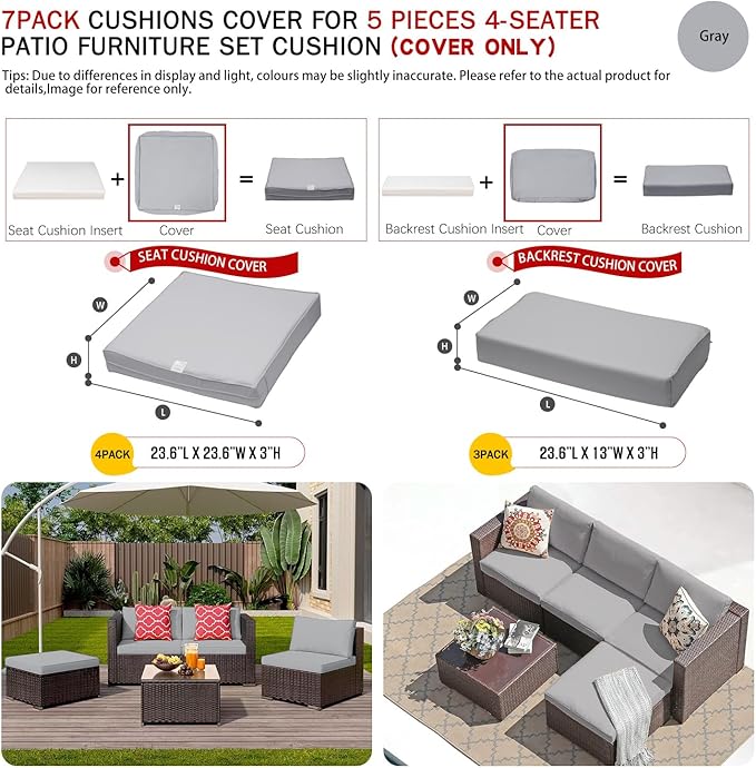 ClawsCover 7Pack Outdoor Seat and Back Cushions Replacement Covers Fit for 3/5 Pieces 4-Seater Wicker Rattan Patio Furniture Conversation Set Sectional Couch,Gray-Small (Include Cover Only)