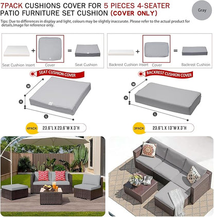 ClawsCover 7Pack Outdoor Seat and Back Cushions Replacement Covers Fit for 3/5 Pieces 4-Seater Wicker Rattan Patio Furniture Conversation Set Sectional Couch,Gray-Small (Include Cover Only)
