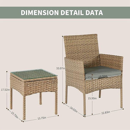 3 Pieces Patio Set Balcony Furniture Sets for Apartments.Bistro Furniture Set, Conversation Sets with Coffee Table, for Porch, Patio, Garden and Removable Cushions Grey