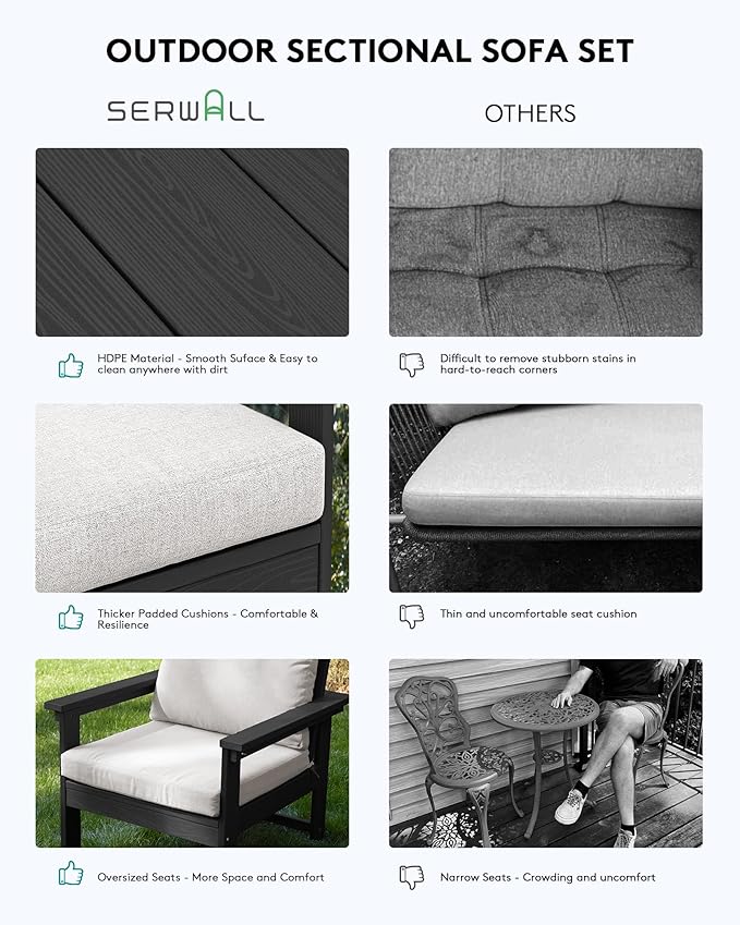 SERWALL HDPE Patio Coversation Set, 7-piece Outdoor Sectional Sofa Set, All Weather Patio Couch Set Patio Furniture for Balcony, Deck, Black Frame with Khaki Cushion