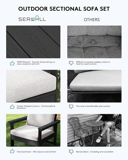SERWALL HDPE Patio Coversation Set, 7-piece Outdoor Sectional Sofa Set, All Weather Patio Couch Set Patio Furniture for Balcony, Deck, Black Frame with Khaki Cushion