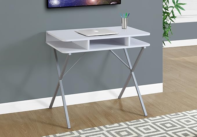 Monarch Specialties I 7100 Computer Desk, Home Office, Laptop, Storage Shelves, 31" L, Work, Metal, Laminate, White, Grey, Contemporary, Modern