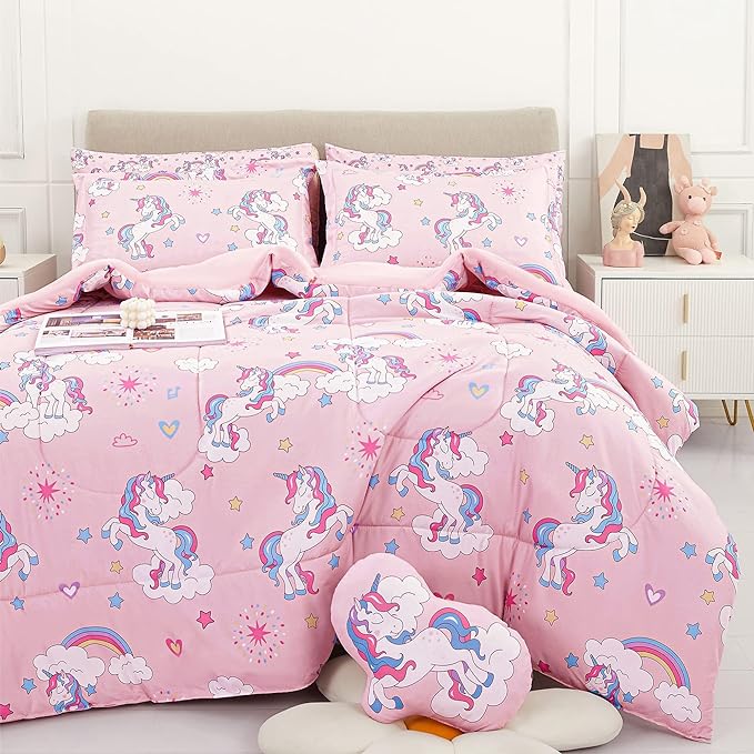 Mooreeke Kids Comforter Bed Set Full Size for s Girls, 8 Pieces Bed in a Bag with Shams, Sheet Set, Pink Unicorn Full Soft Microfiber Kids Comforter Bedding Set