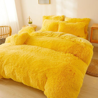 FOPPA Yellow Plush Fluffy Comforter Cover Set Queen - Ultra Soft Faux Fur Yellow Bedding Sets 3 Pieces (1 Shaggy Duvet Cover + 2 Pillow case) Fuzzy Bed Set (Yellow, Queen)