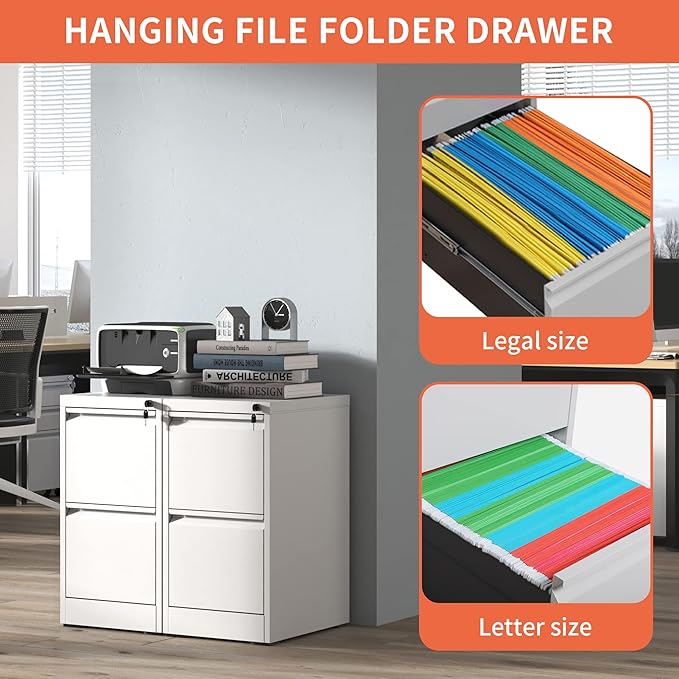 2 Drawer File Cabinet,White Metal Filing Cabinets for Home Office,Vertical File Cabinet with Lock for A4/Letter/Legal Size Files,Assembly Required