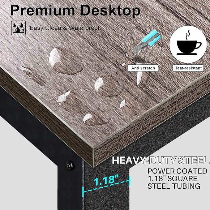 Aquzee Desk with Hutch Bookshelves, Computer Desk with 3 Tiers Storage Shelves, Space Saving Design Black Metal Legs Desk with Grey Board, Easy Assemble