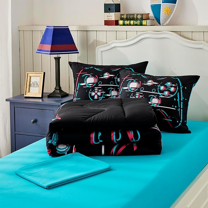 Gamer Black Twin XL Comforter Sets for Boys Kids Teen 5 Pieces Bed in a Bag Video Gaming Comforter with Sheet Sets Dorm Bedding Set