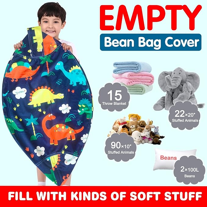 Lukeight Stuffed Animal Storage Bean Bag Chair Cover for Kids, Dinosaur Zipper Beanbag Chair Cover for Organizing Toddler & Kids' Rooms Plush Toys (Dinosaur Navy, X-Large)