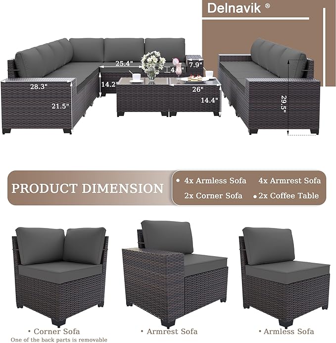 Patio Furniture Set Sofa 12-Pieces Wicker Sectional Sofa Set, Outdoor Furniture Rattan Patio Conversation Set with Thickened Cushions and Glass Coffee Table, Grey