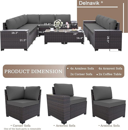 Patio Furniture Set Sofa 12-Pieces Wicker Sectional Sofa Set, Outdoor Furniture Rattan Patio Conversation Set with Thickened Cushions and Glass Coffee Table, Grey