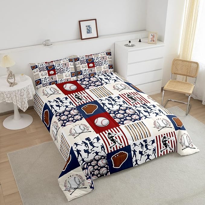 Erosebridal Kids Baseball King Comforter Set for Boys,Teen Baseball Athlete Bedding Set Room Decor Sports Theme Bed Comforter Sets Baseball Bat Gloves Quilt Duvet with 2 Pillow Cases Red Navy Blue