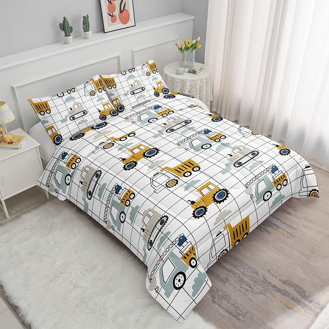 Datura home Construction Truck Comforter Set for Boys Kids Children,Machinery Truck Excavators Vehicles Cartoon Tractor Bedding Set with 1 Comforter and 2 Pillowcases(Construction Truck Twin) 68x86in