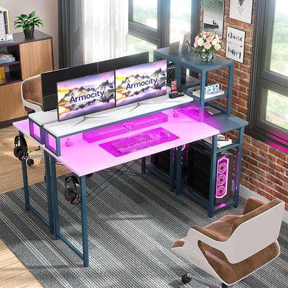 armocity 2024 Upgrade Gaming Desk with LED Lights, Small Computer Desk with Long Monitor Stand, 47.2'' Reversible Laptop Table with Storage Shelves, Small Desk for Small Spaces, Gaming Room, White