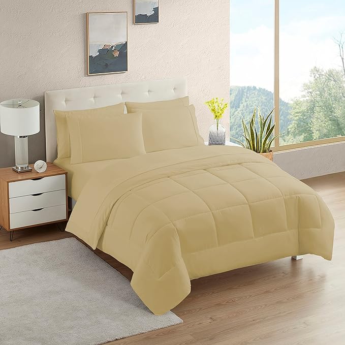 Dorm Room Essentials College Bedding Comforter Set 5 Piece Twin Size Bed in a Bag for College Students Boys and Girls, Twin, Camel