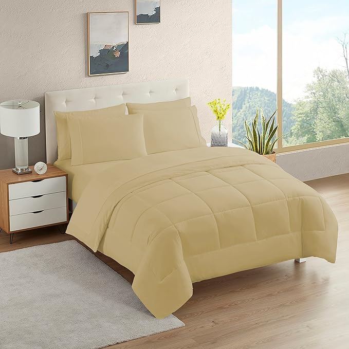 Dorm Room Essentials College Bedding Comforter Set 7 Piece Full Size Bed in a Bag for College Students Boys and Girls, Full, Camel