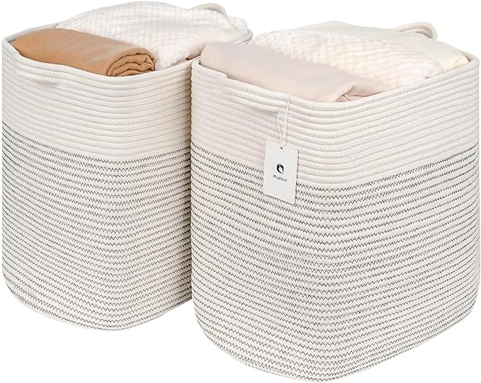 Hampers for Bins Large Blanket Basket,Storage Basket Rectangle Woven Baskets for Storage, Nursery Cotton Rope Basket Living Room, Toy Basket For Organizing, With Handle Dirty Clothes Basket