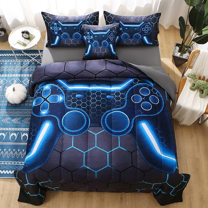 JQinHome Queen Gamer Comforter Set,6 Piece Bed in A Bag 3D Video Game Bedding -All Season Down Alternative Gamer Bedding Sets - (Blue Game Controller)