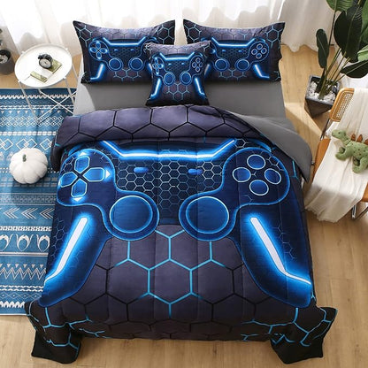 JQinHome Twin Gamer Comforter Set for Boys,6 Piece Bed in A Bag 3D Video Game Bedding -All Season Soft Microfiber Down Alternative Comforter Gamer Bedding Sets for Kids