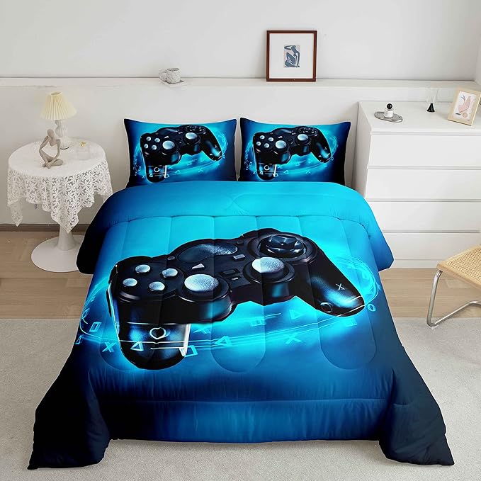 Feelyou Gamer Comforter Sets for Boys Twin Bedding Set for Boys Kids Gaming Comforter Gamer Room Decor Blue Video Game Bed Set Teens Bedroom Gamepad Duvet Set All Season 1 Comforter with 1 Pillow Case