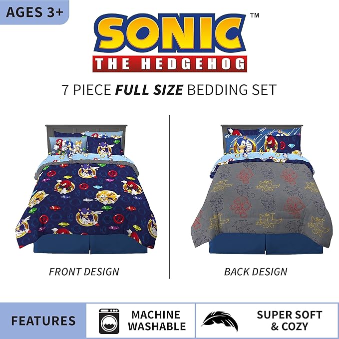 Franco Kids Bedding Super Soft Comforter and Sheet Set with Sham, 7 Piece Full Size, Sonic The Hedgehog