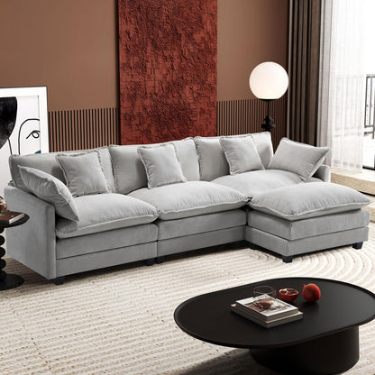 Ihanherry 111.4" L Shaped Modern Sofa Modular Sectional Cloud Couch with Ottoman, 4-Seat Chenille Deep Seat Sofa with Pillow for Living Room, Bedroom and Apartment, Beige